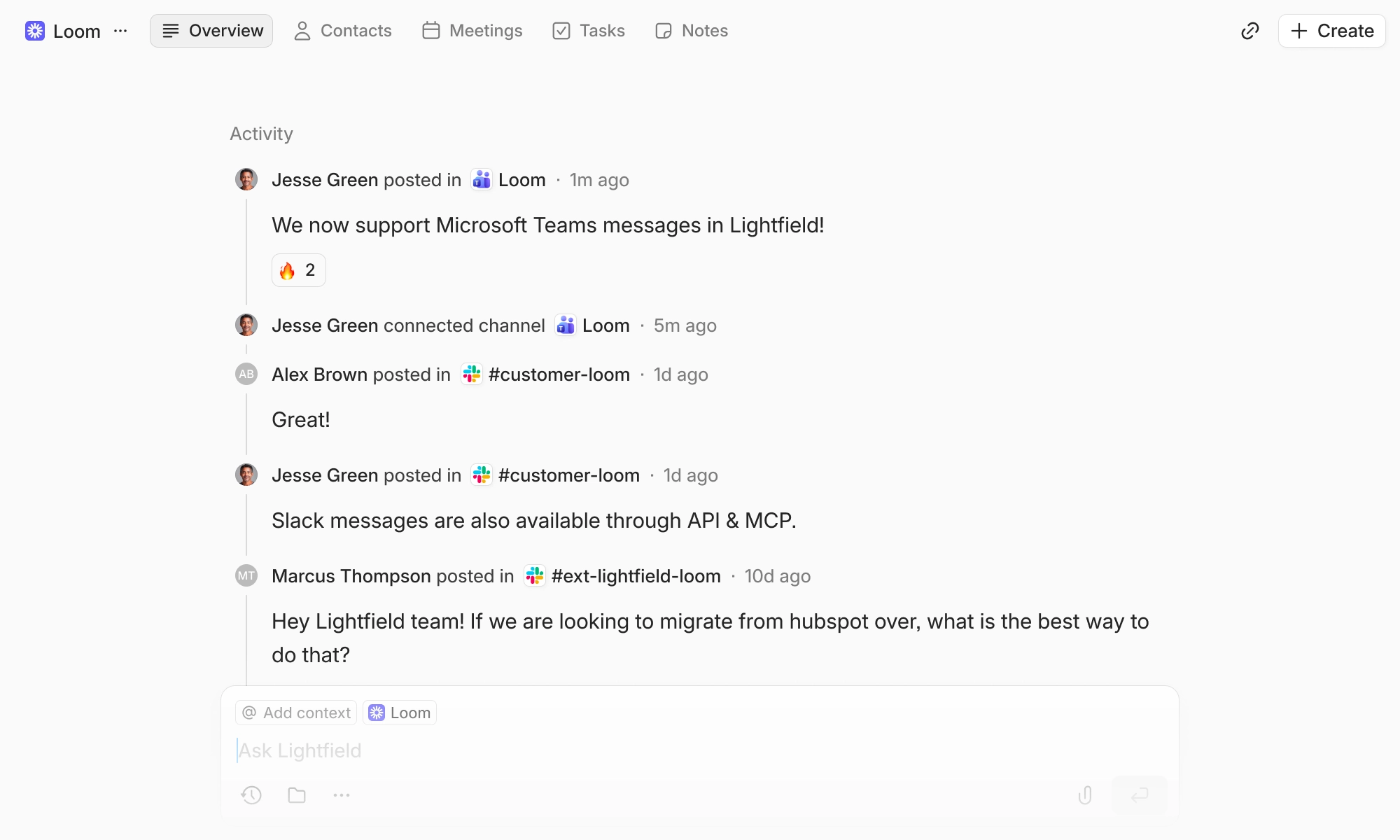 Teams channel messages in a Lightfield activity log