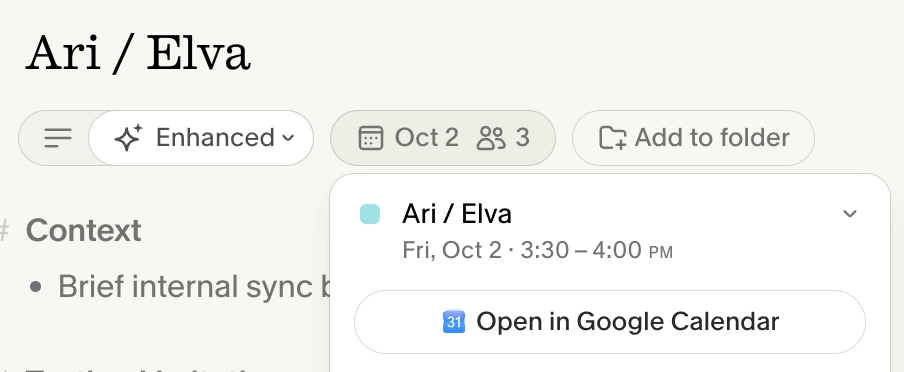 A Granola note linked to a calendar event