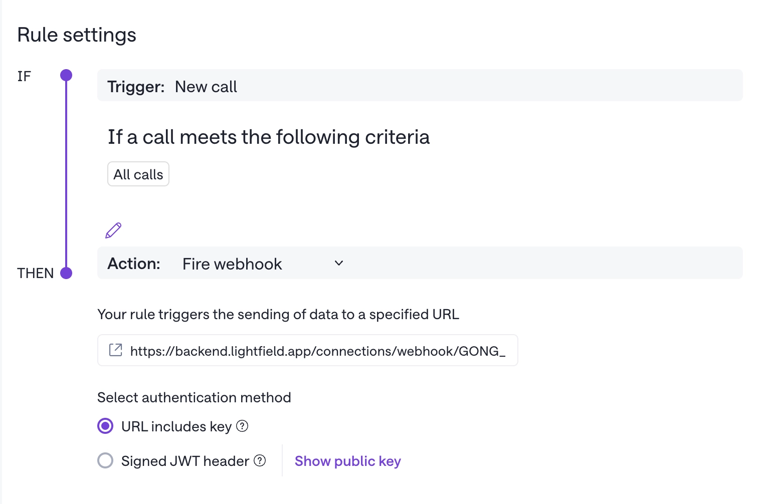 Gong rule settings with the New call trigger, Fire webhook action, Lightfield URL, and URL includes key selected