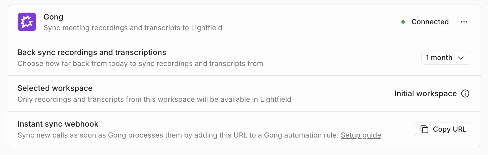 Instant sync webhook row with the Copy URL button on the Gong integration card in Lightfield