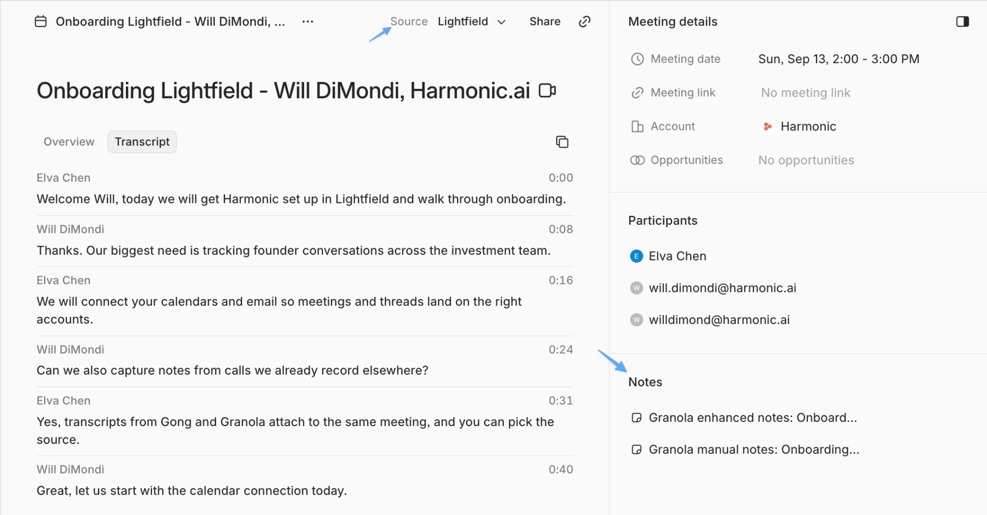 Meeting page showing the transcript Source and Granola notes