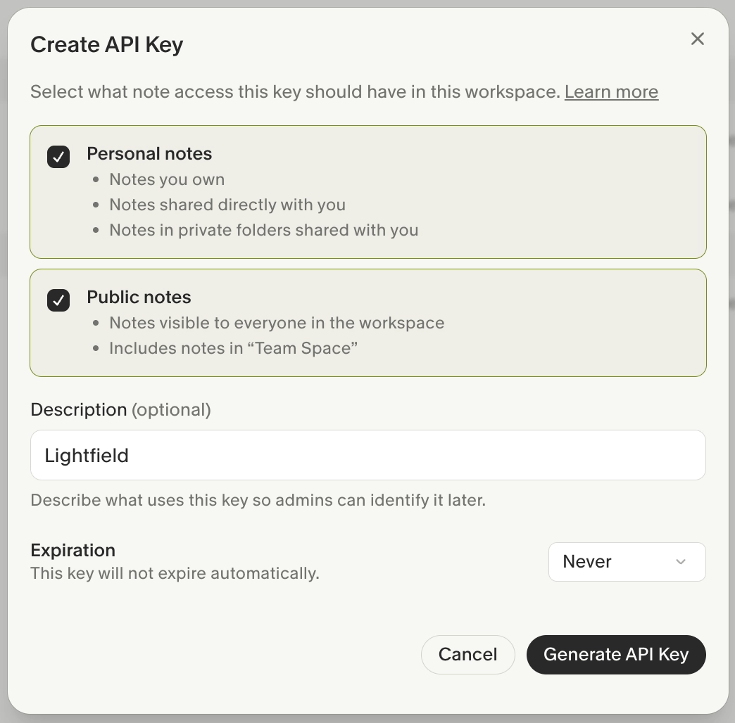Creating a personal API key in Granola