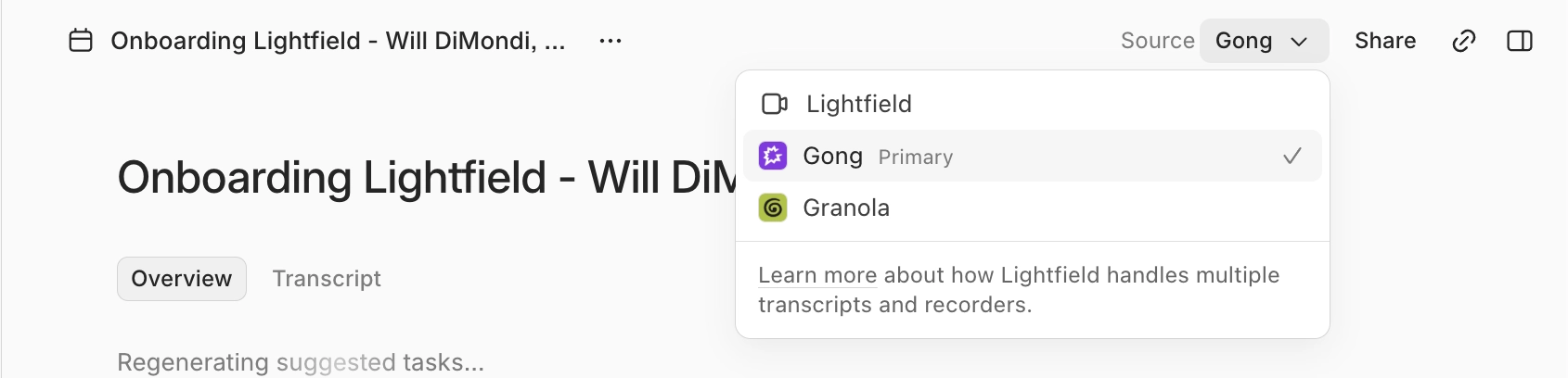 Source dropdown on a meeting page with Gong set as the primary transcript
