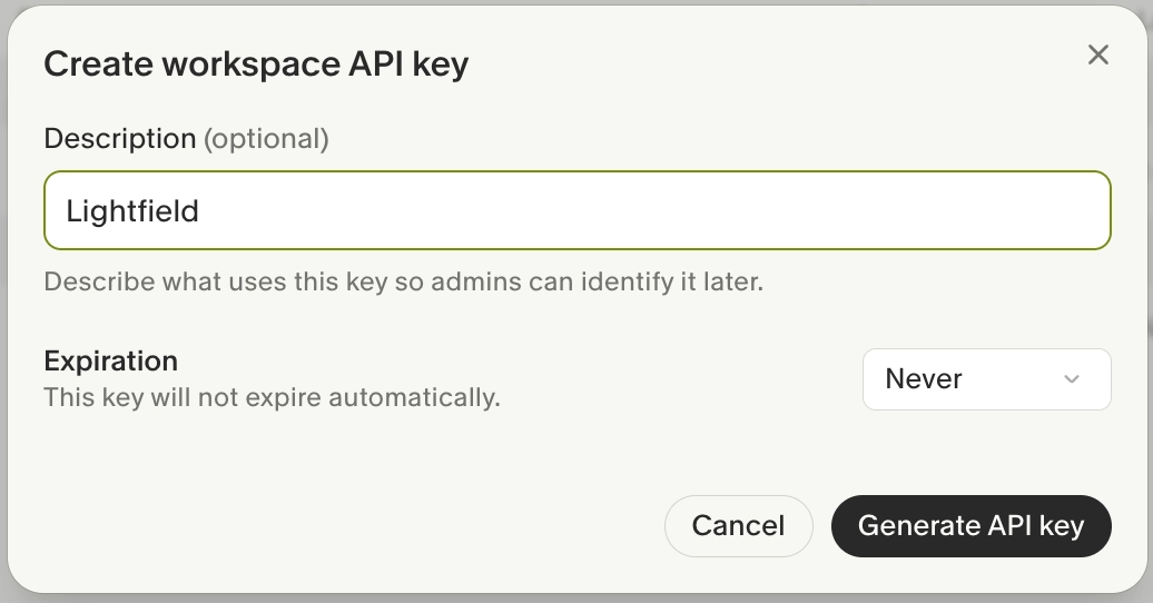 Creating a workspace API key in Granola